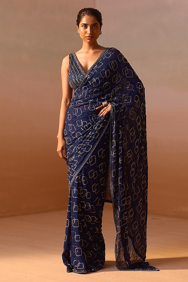 Navy Blue Georgette Sequins & Beadwork Saree Set by NITIKA GUJRAL at Pernia's Pop Up Shop