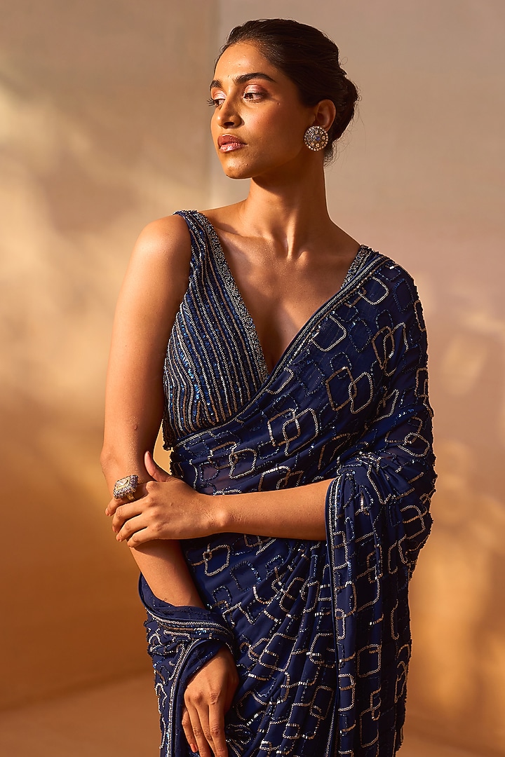 Navy Blue Georgette Sequins & Beadwork Reception Saree Set by NITIKA GUJRAL at Pernia's Pop Up Shop