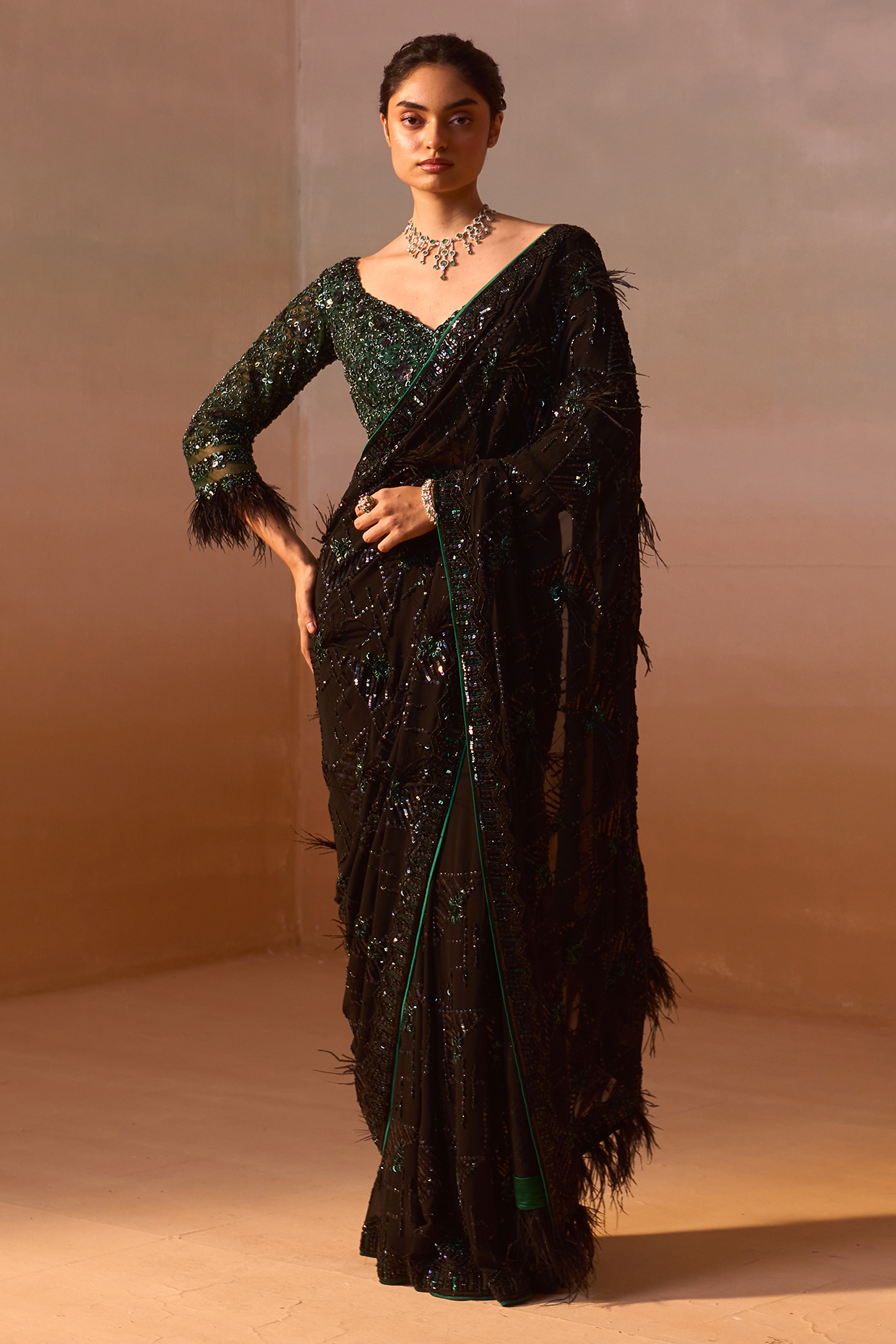 Black Georgette Sequins Work Reception Saree Set by NITIKA GUJRAL at Pernia's Pop Up Shop