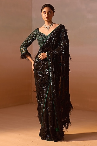 Black Georgette Sequins Work Saree Set by NITIKA GUJRAL