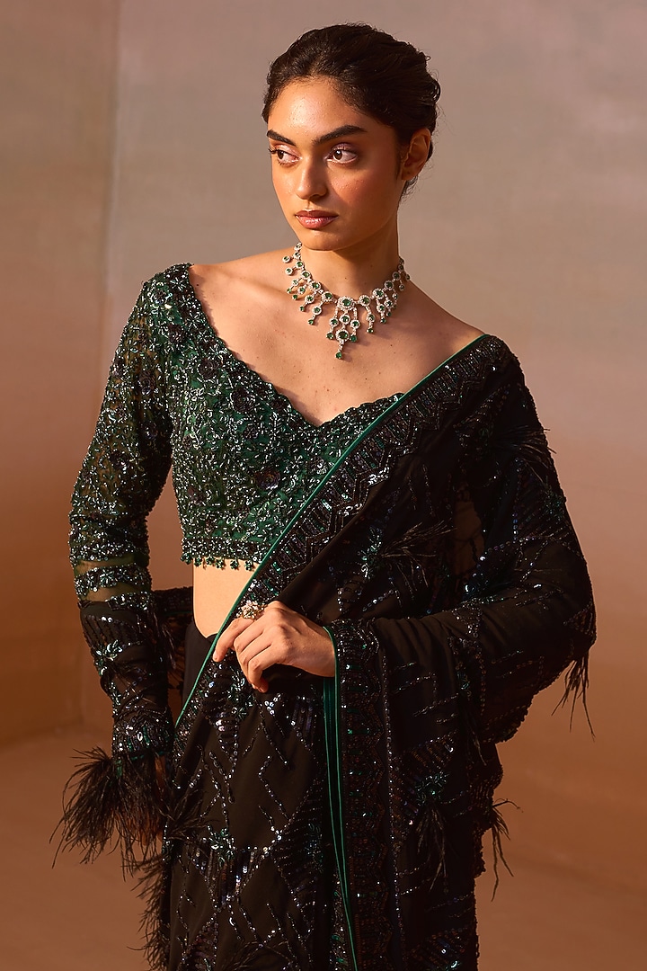 Black Georgette Sequins Work Reception Saree Set by NITIKA GUJRAL at Pernia's Pop Up Shop