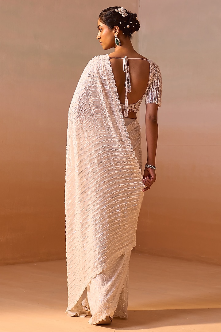 White Georgette Sequins Work Reception Saree Set by NITIKA GUJRAL at Pernia's Pop Up Shop