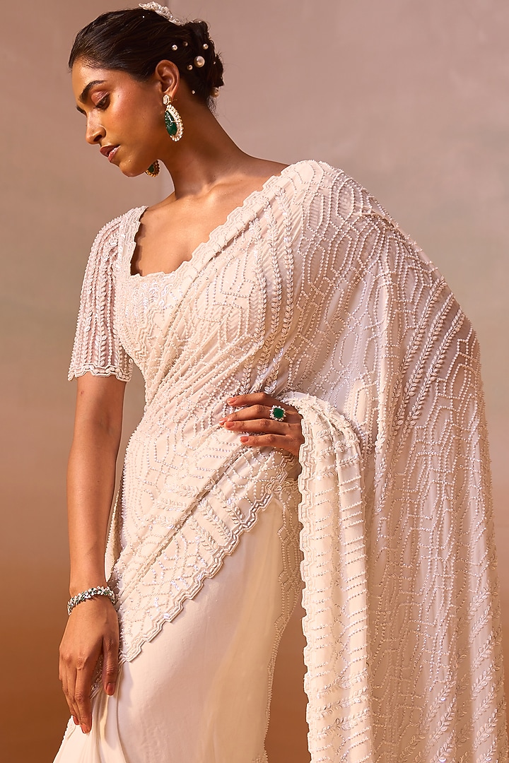 White Georgette Sequins Work Reception Saree Set by NITIKA GUJRAL at Pernia's Pop Up Shop