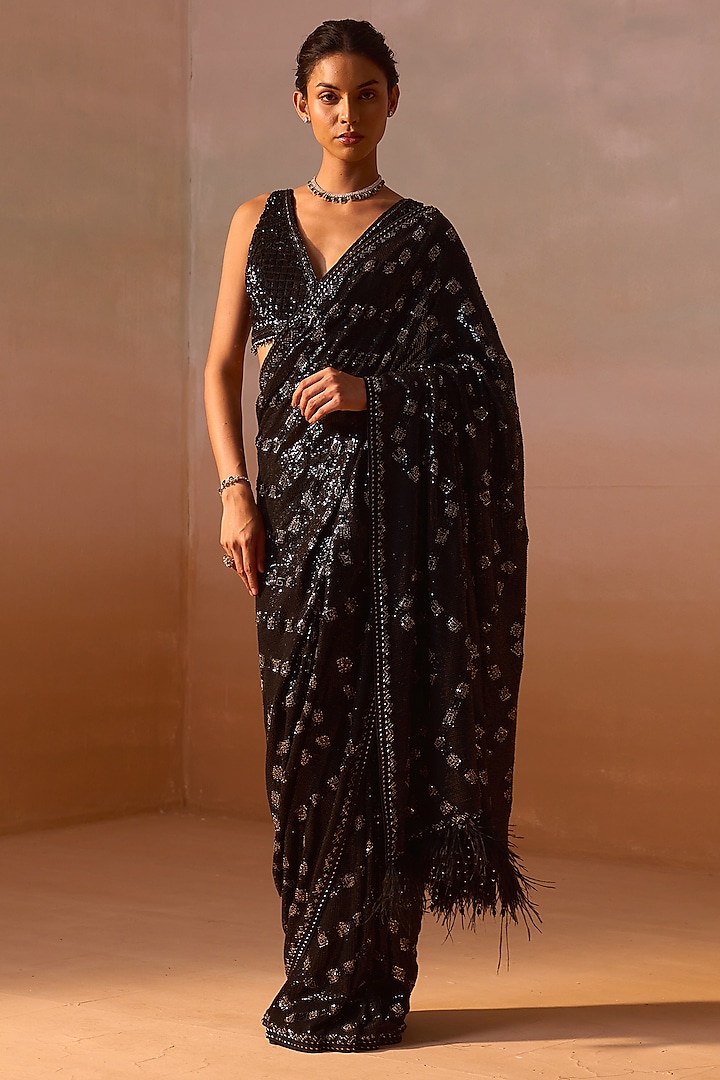 Black Georgette Metallic Hand Embroidered Reception Saree Set by NITIKA GUJRAL at Pernia's Pop Up Shop
