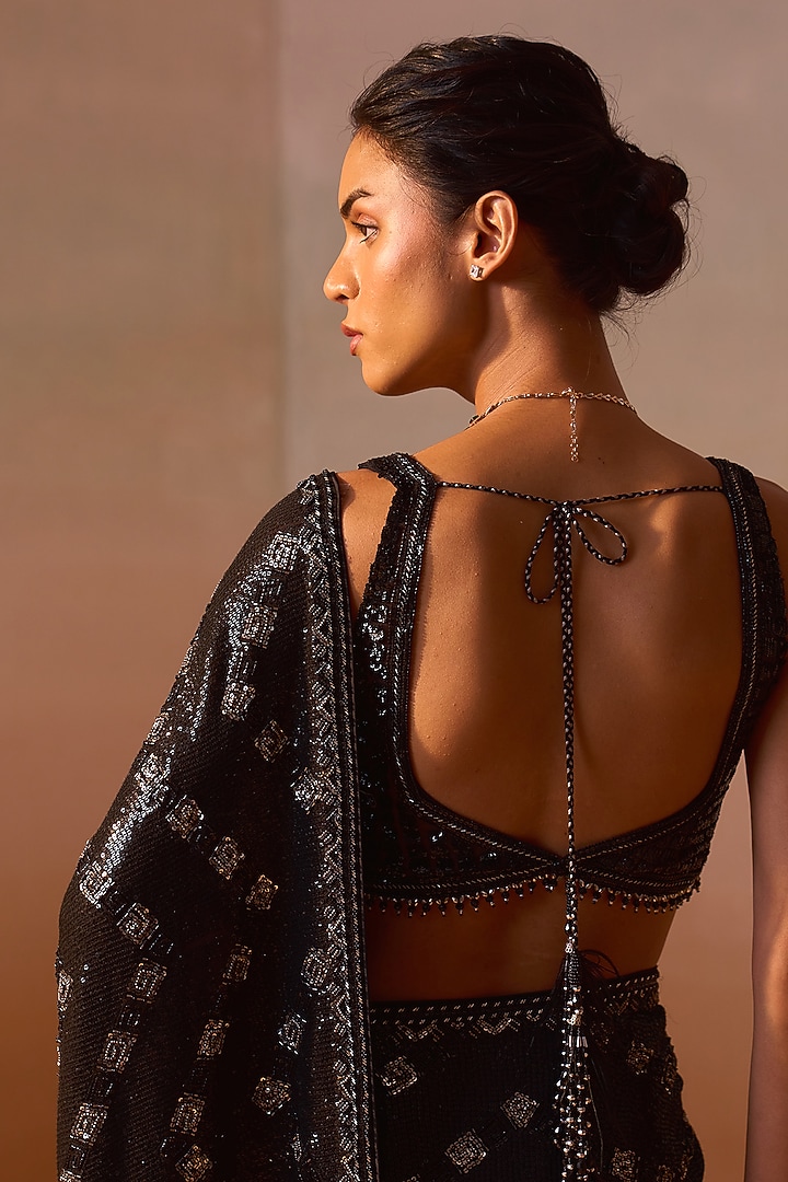Black Georgette Metallic Hand Embroidered Bridal Saree Set by NITIKA GUJRAL at Pernia's Pop Up Shop