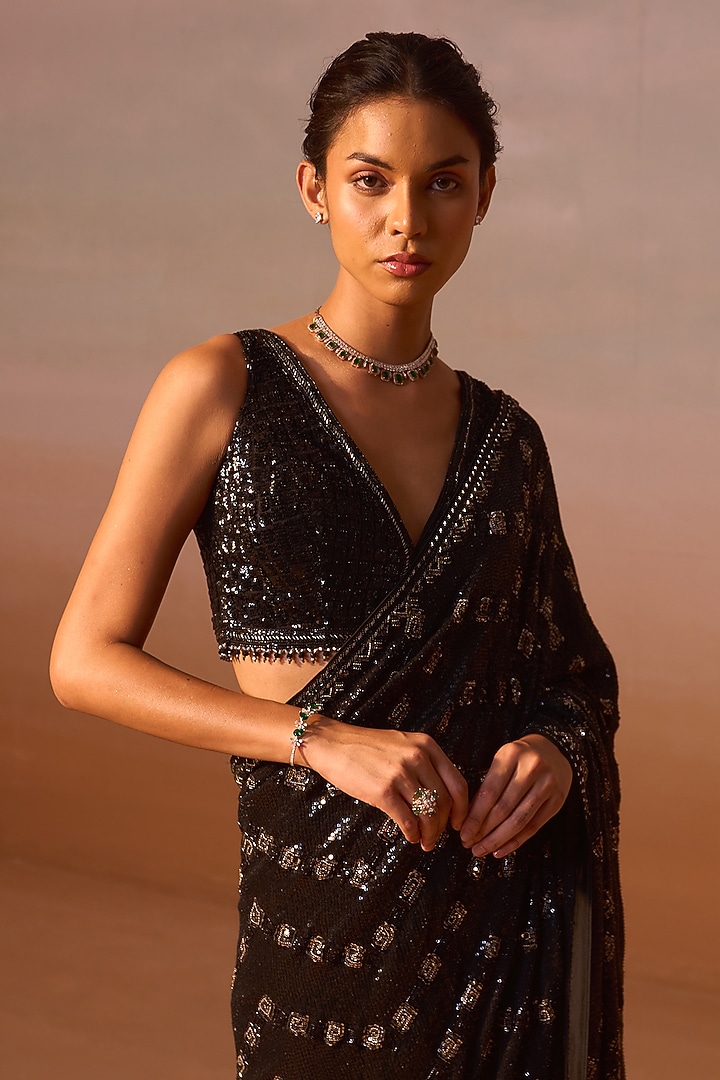 Black Georgette Metallic Hand Embroidered Bridal Saree Set by NITIKA GUJRAL at Pernia's Pop Up Shop