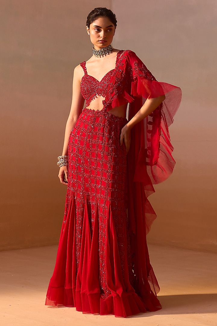 Deep Red Georgette & Organza Cutdana Embellished Pre-Draped Saree Set by NITIKA GUJRAL at Pernia's Pop Up Shop