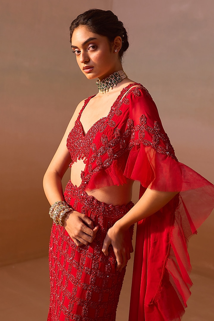 Deep Red Georgette & Organza Cutdana Embellished Pre-Draped Reception Saree Set by NITIKA GUJRAL at Pernia's Pop Up Shop