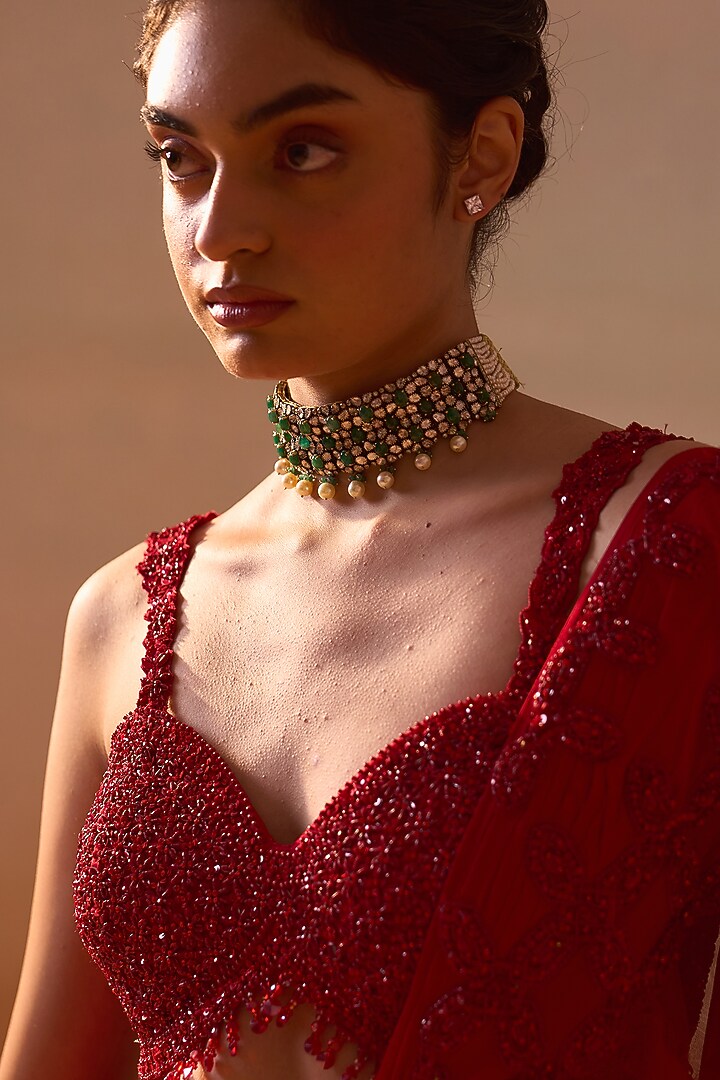 Deep Red Georgette & Organza Cutdana Embellished Pre-Draped Reception Saree Set by NITIKA GUJRAL at Pernia's Pop Up Shop
