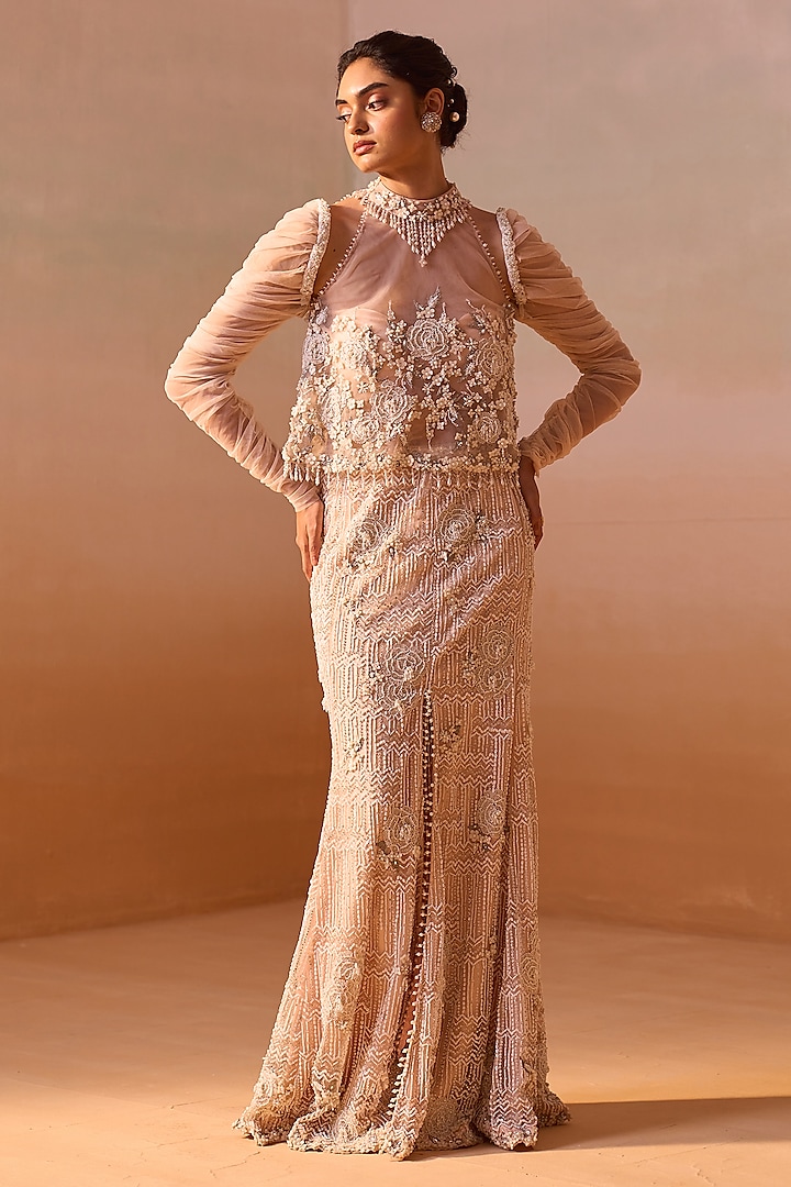 Blush Pink Net Tonal Sequins & Pearl Embellished Skirt Set by NITIKA GUJRAL at Pernia's Pop Up Shop