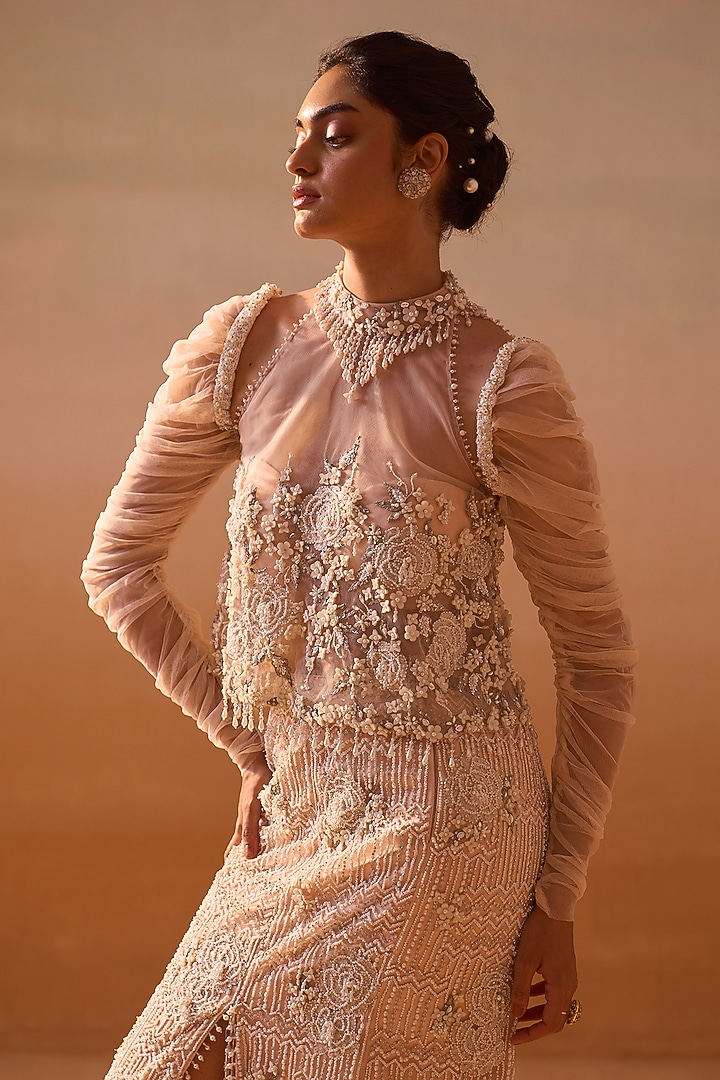 Blush Pink Net Tonal Sequins & Pearl Embellished Skirt Set by NITIKA GUJRAL at Pernia's Pop Up Shop