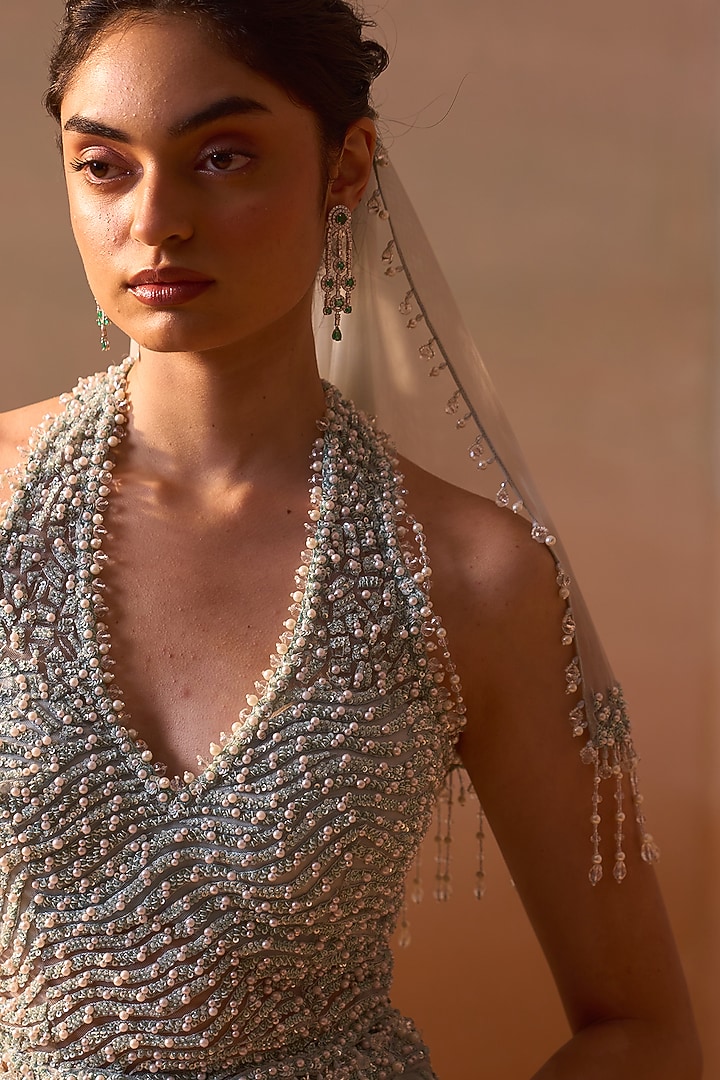 Sage Blue Net Sequins & Crystals Work Skirt Set by NITIKA GUJRAL at Pernia's Pop Up Shop