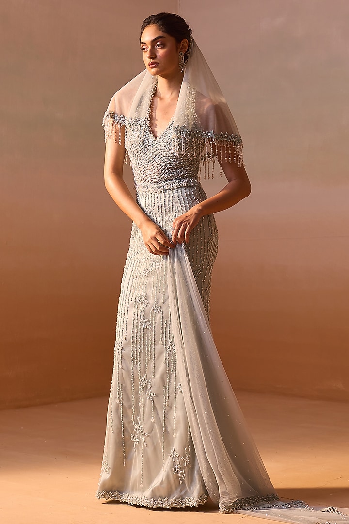 Sage Blue Net Sequins & Crystals Work Skirt Set by NITIKA GUJRAL at Pernia's Pop Up Shop