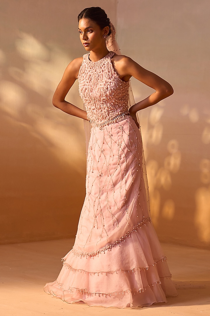 Soft Pink Organza Layered Skirt Set by NITIKA GUJRAL at Pernia's Pop Up Shop