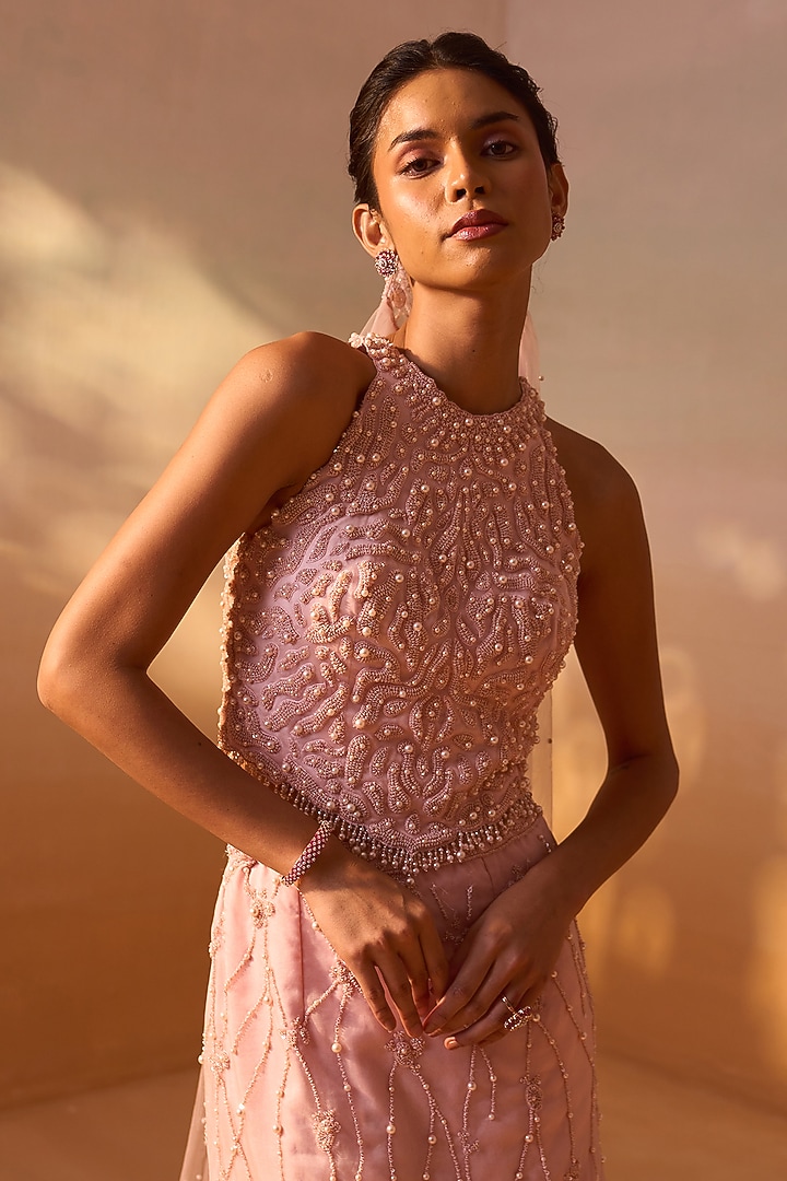 Soft Pink Organza Layered Skirt Set by NITIKA GUJRAL at Pernia's Pop Up Shop