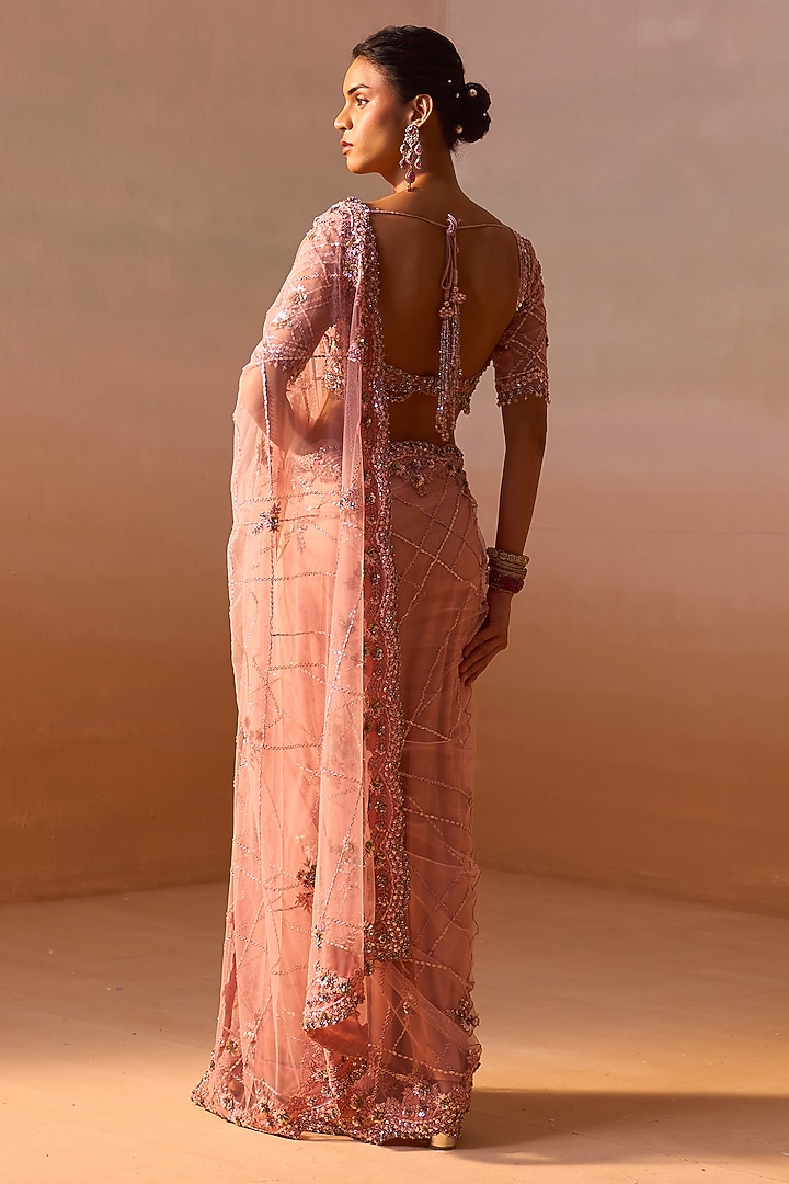 Rose Pink Net Sequins Embroidered Reception Saree Set by NITIKA GUJRAL at Pernia's Pop Up Shop