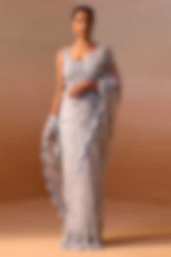Powder Blue Net Tonal Sequins & Crystal Work Reception Saree Set by NITIKA GUJRAL at Pernia's Pop Up Shop
