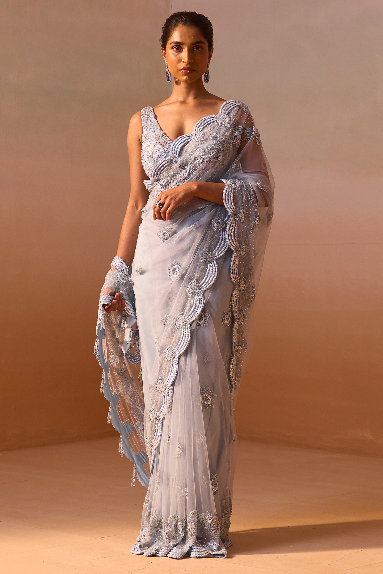 Powder Blue Net Tonal Sequins & Crystal Work Reception Saree Set by NITIKA GUJRAL at Pernia's Pop Up Shop