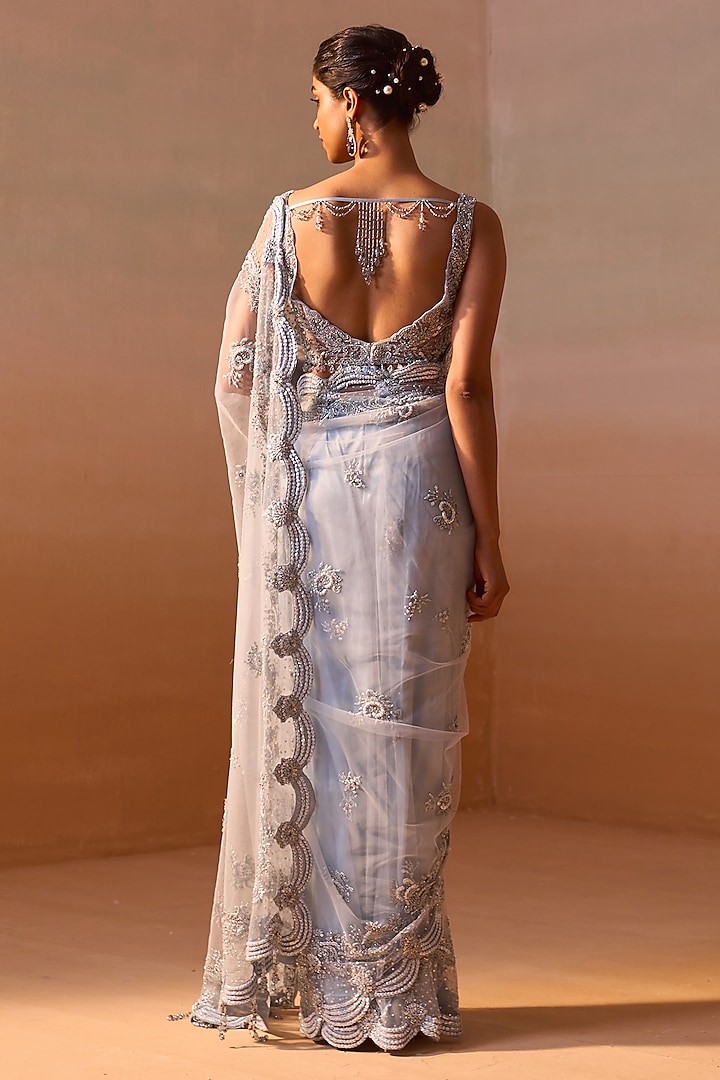 Powder Blue Net Tonal Sequins & Crystal Work Reception Saree Set by NITIKA GUJRAL at Pernia's Pop Up Shop