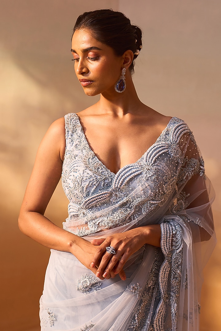 Powder Blue Net Tonal Sequins & Crystal Work Reception Saree Set by NITIKA GUJRAL at Pernia's Pop Up Shop