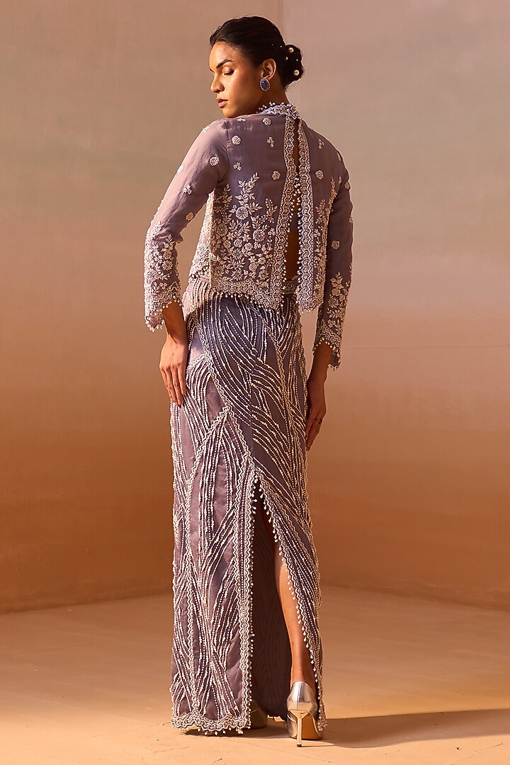Grey Organza & Lycra Pearlwork Slit Skirt Set by NITIKA GUJRAL at Pernia's Pop Up Shop