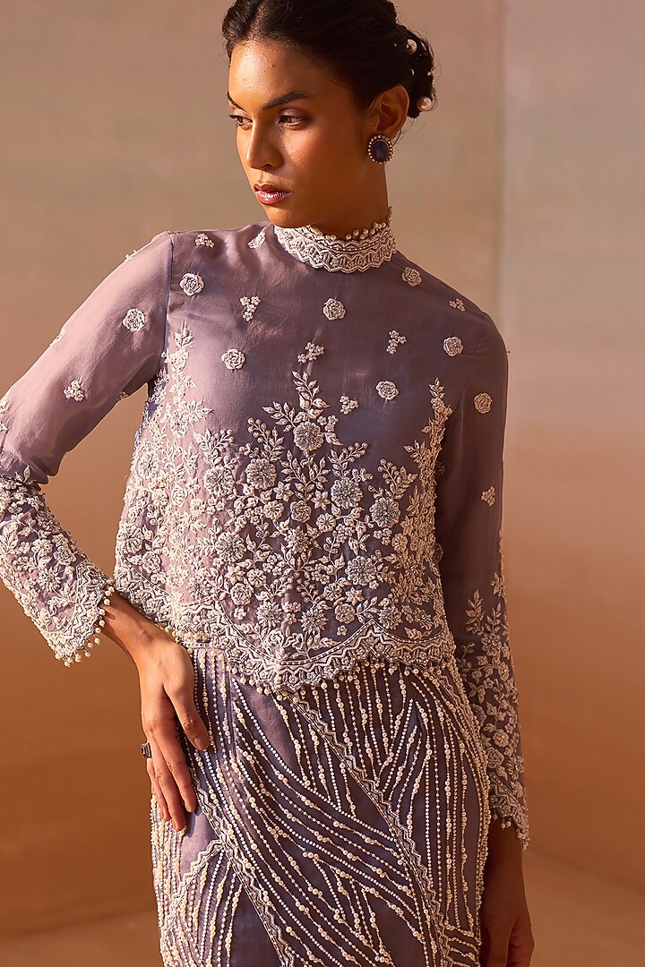 Grey Organza & Lycra Pearlwork Slit Skirt Set by NITIKA GUJRAL at Pernia's Pop Up Shop