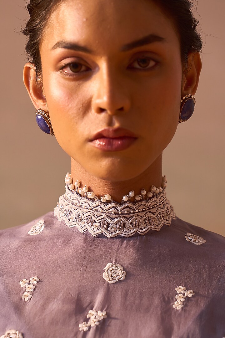 Grey Organza & Lycra Pearlwork Slit Skirt Set by NITIKA GUJRAL at Pernia's Pop Up Shop