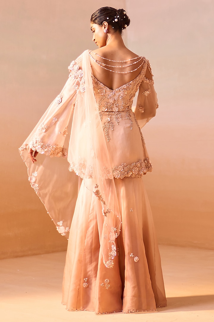 Rose Organza 3D Floral Embroidered Gharara Set by NITIKA GUJRAL at Pernia's Pop Up Shop