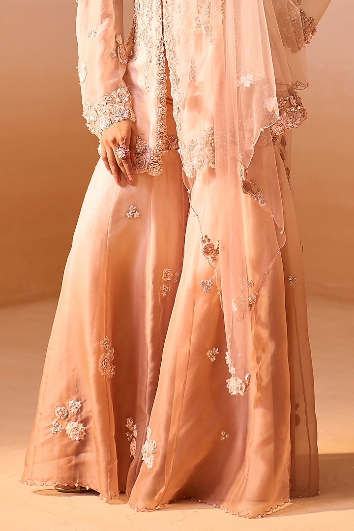 Rose Organza 3D Floral Embroidered Gharara Set by NITIKA GUJRAL at Pernia's Pop Up Shop