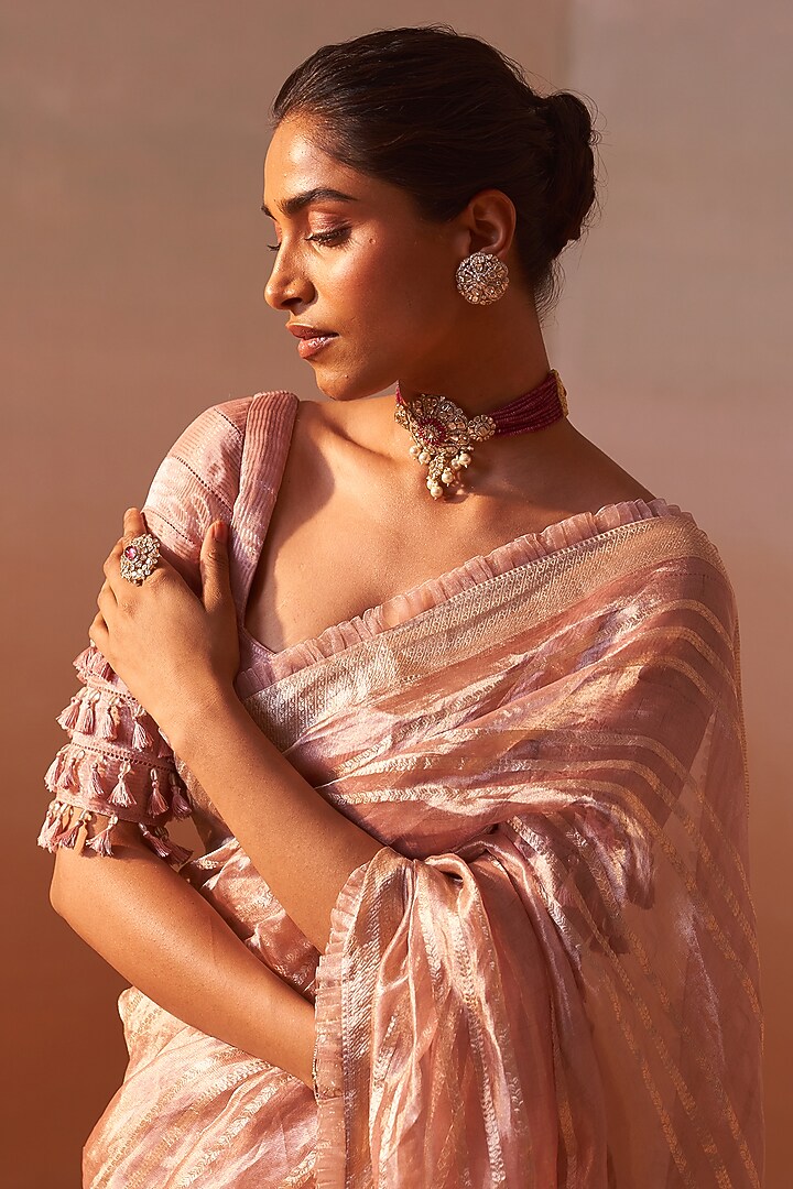 Rose Organza Tissue Zari Work Wedding Saree Set by NITIKA GUJRAL at Pernia's Pop Up Shop