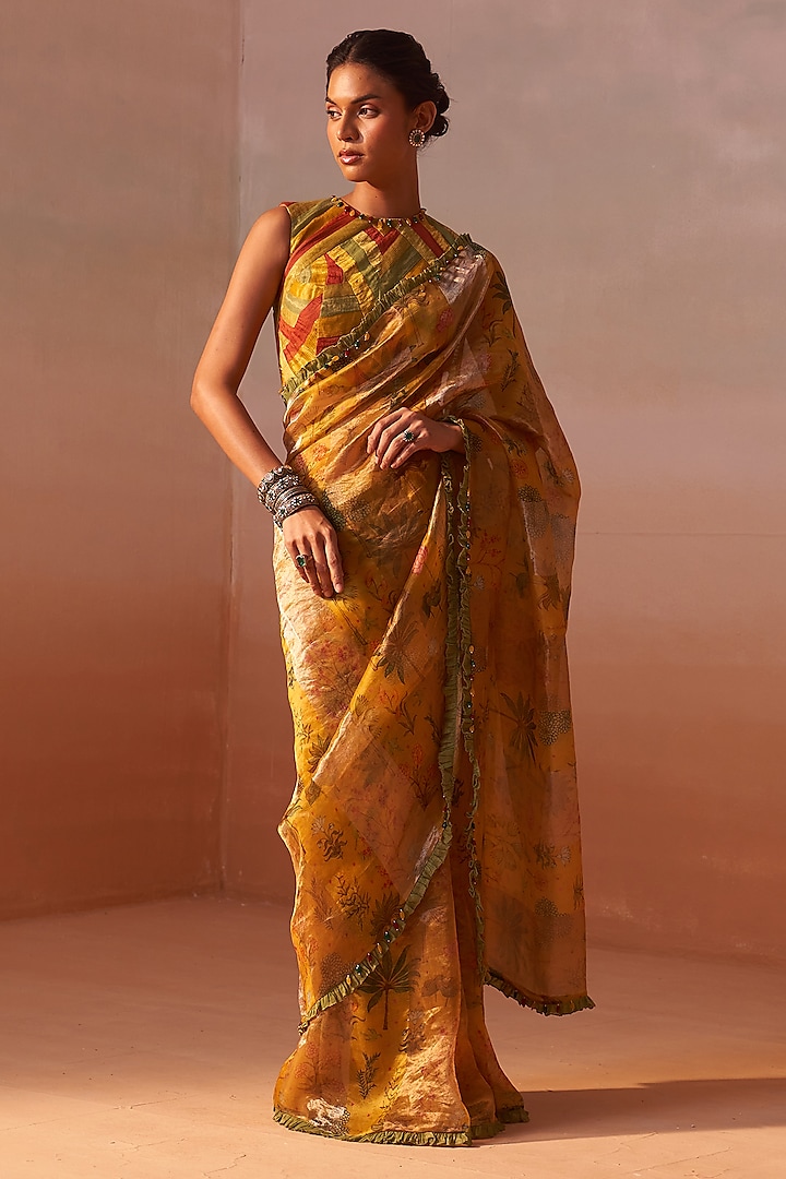 Mustard Yellow Tissue Organza Reception Saree Set by NITIKA GUJRAL at Pernia's Pop Up Shop