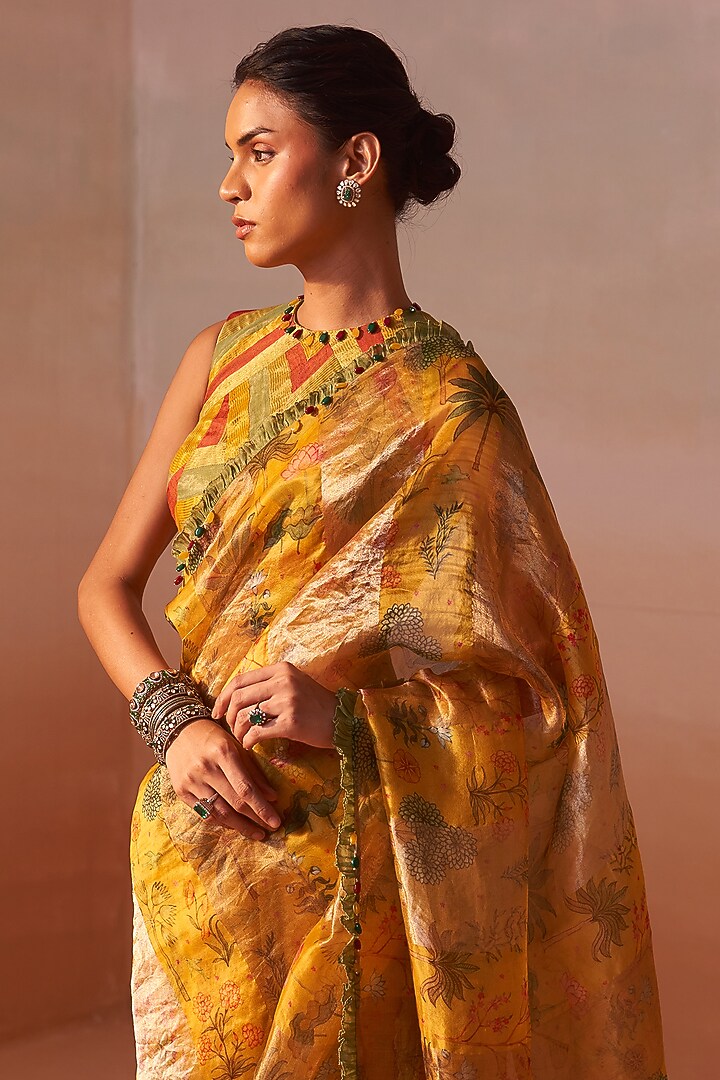 Mustard Yellow Tissue Organza Reception Saree Set by NITIKA GUJRAL at Pernia's Pop Up Shop