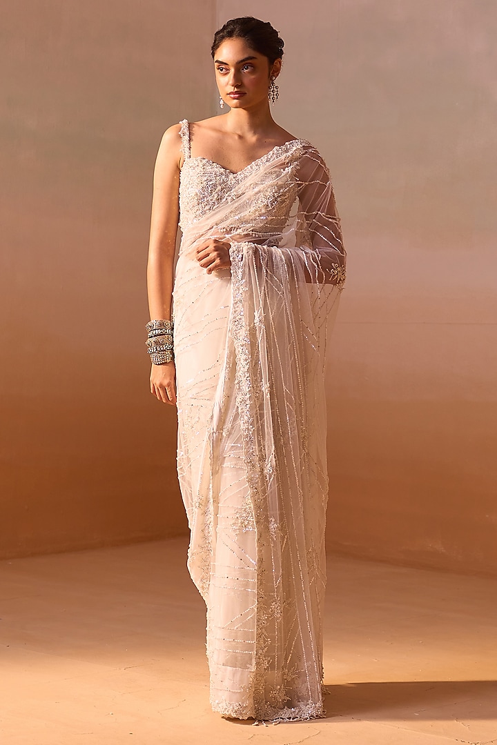 White Net Sequins Embellished Saree Set by NITIKA GUJRAL at Pernia's Pop Up Shop