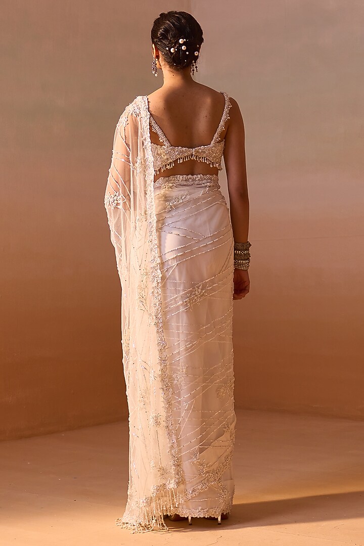 White Net Sequins Embellished Reception Saree Set by NITIKA GUJRAL at Pernia's Pop Up Shop