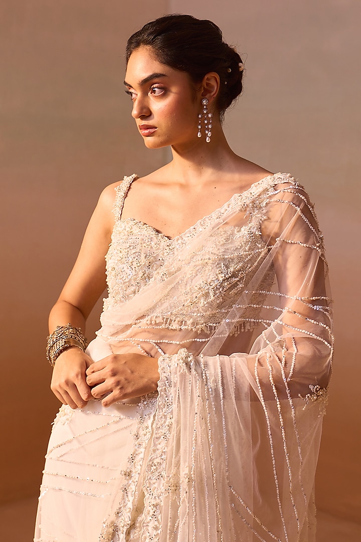 White Net Sequins Embellished Reception Saree Set by NITIKA GUJRAL at Pernia's Pop Up Shop