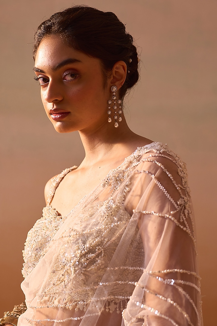 White Net Sequins Embellished Reception Saree Set by NITIKA GUJRAL at Pernia's Pop Up Shop