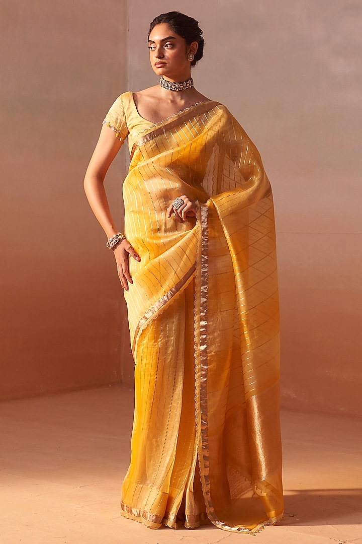 Yellow Ombre Tissue Organza Zari Saree Set by NITIKA GUJRAL