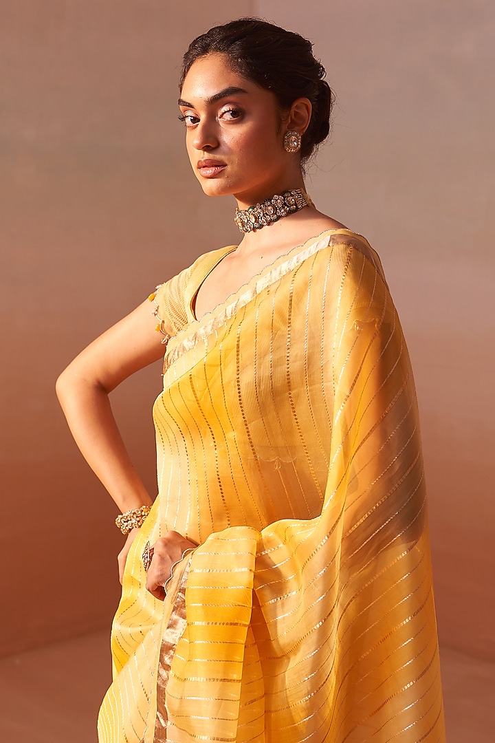 Yellow Ombre Tissue Organza Zari Wedding Saree Set by NITIKA GUJRAL at Pernia's Pop Up Shop