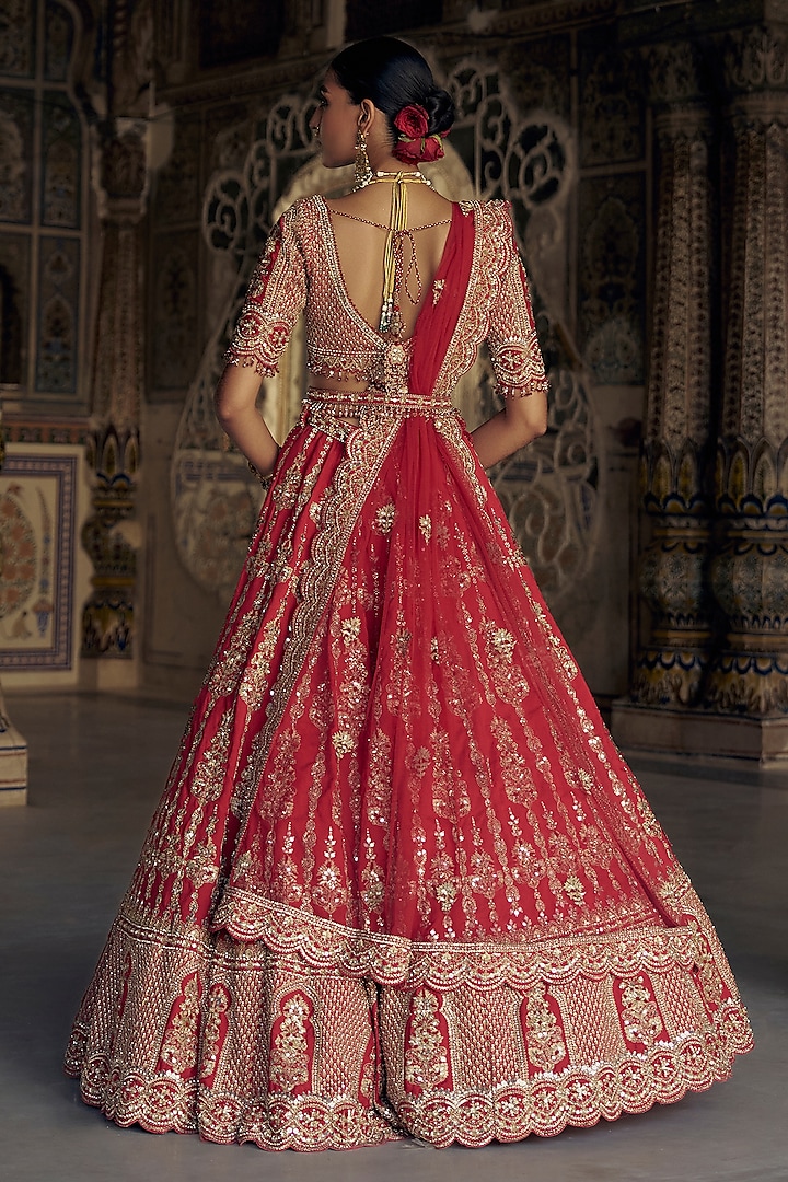 Red Raw Silk Dabka & Sequins Embroidered Bridal Lehenga Set by NITIKA GUJRAL at Pernia's Pop Up Shop