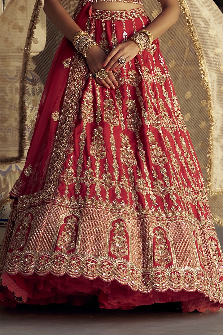 Red Raw Silk Dabka & Sequins Embroidered Bridal Lehenga Set by NITIKA GUJRAL at Pernia's Pop Up Shop