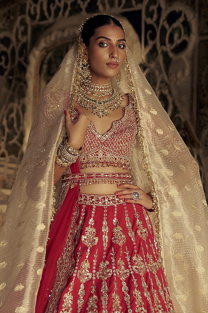 Red Raw Silk Dabka & Sequins Embroidered Bridal Lehenga Set by NITIKA GUJRAL at Pernia's Pop Up Shop