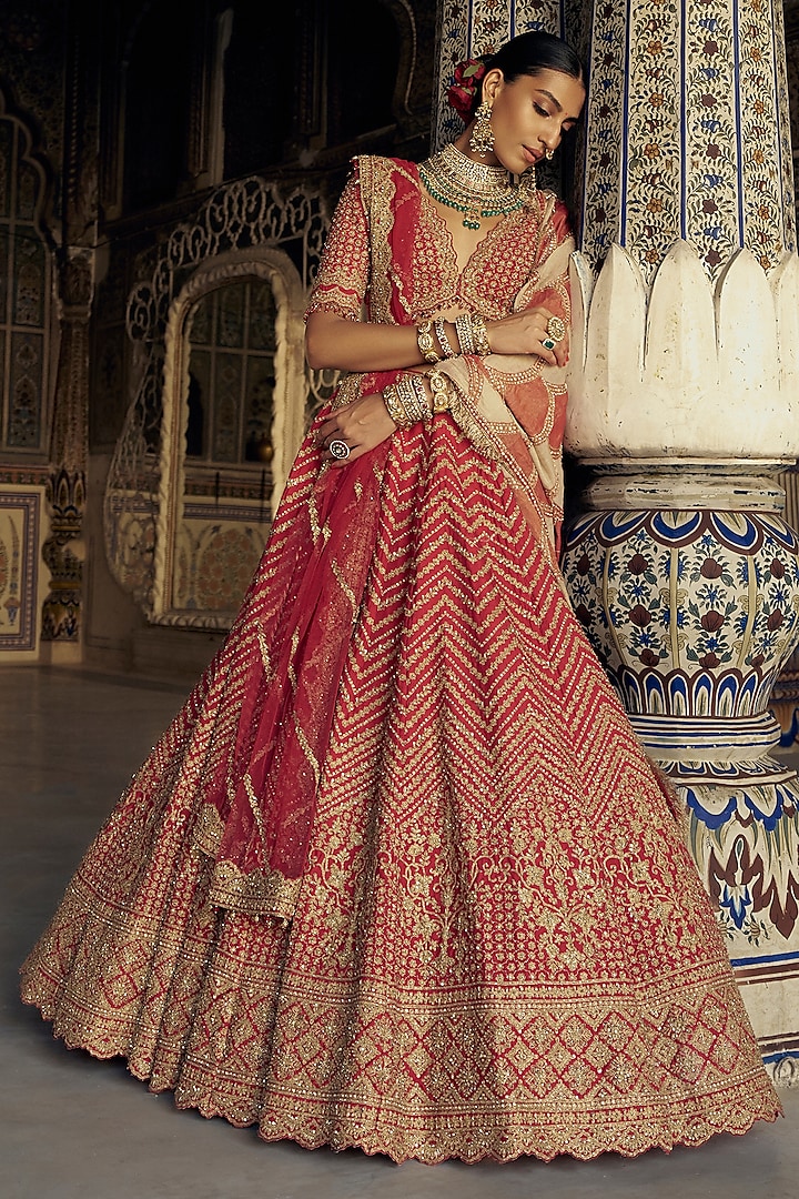 Red Raw Silk Dabka & Sequins Embroidered Lehenga Set by NITIKA GUJRAL