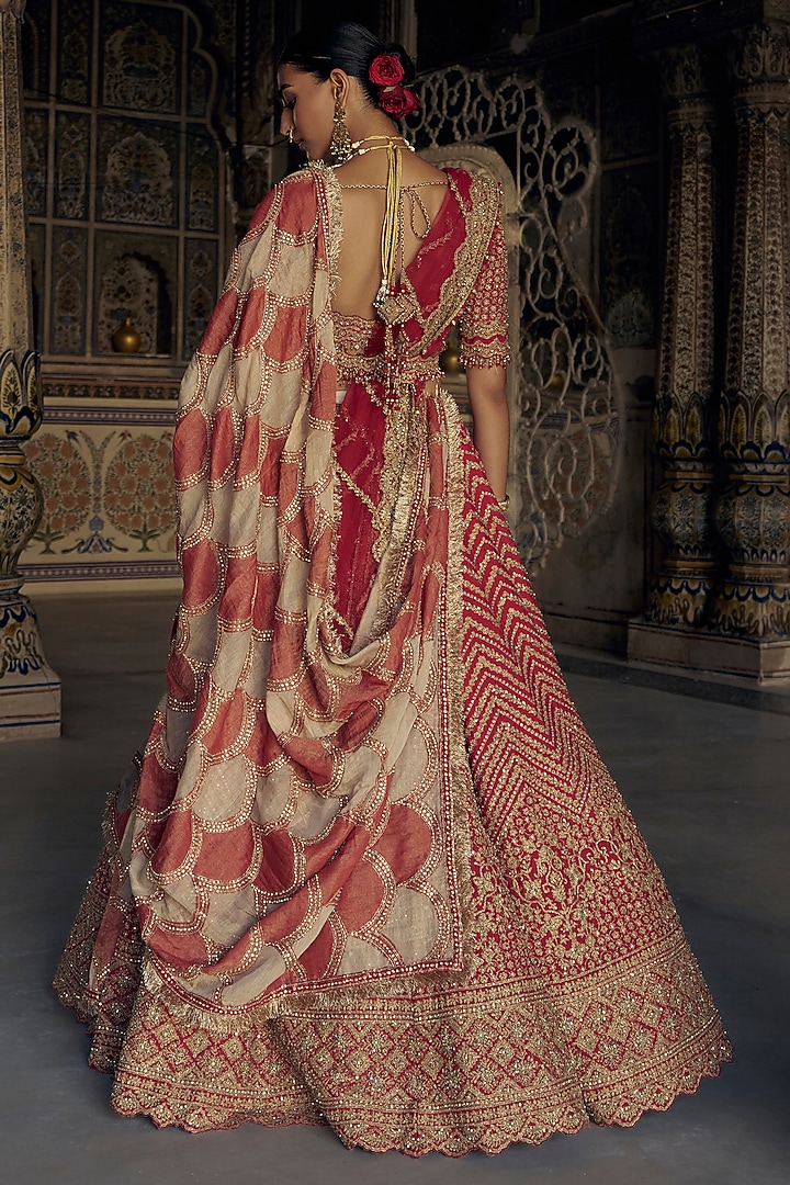Red Raw Silk Dabka & Sequins Embroidered Bridal Lehenga Set by NITIKA GUJRAL at Pernia's Pop Up Shop