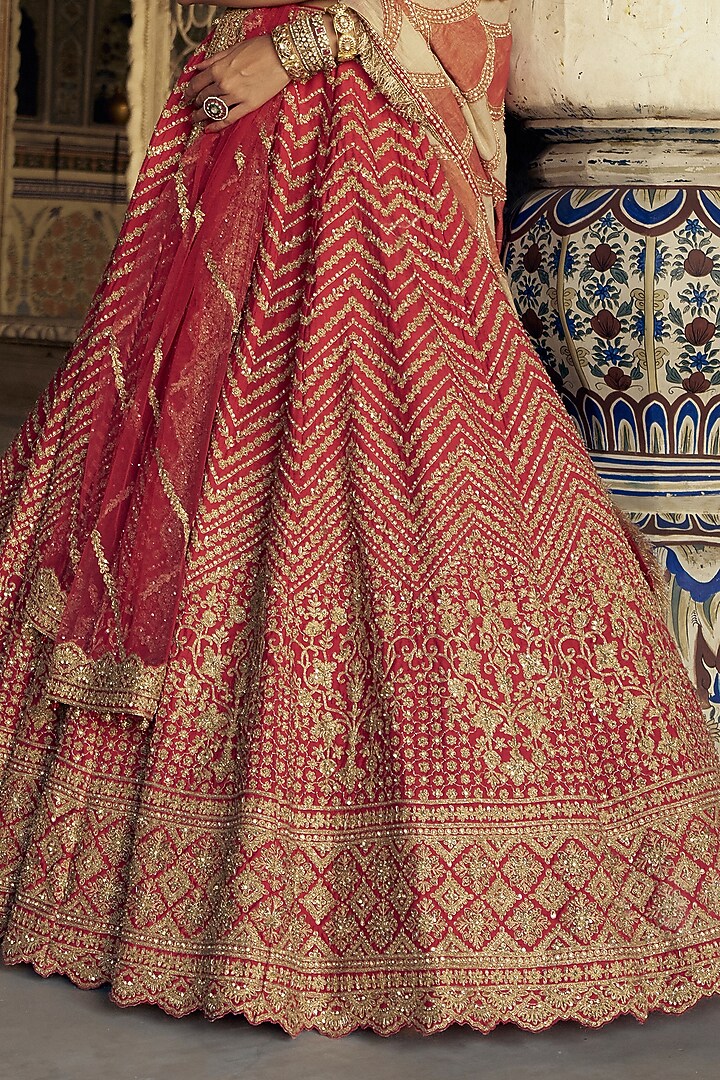 Red Raw Silk Dabka & Sequins Embroidered Bridal Lehenga Set by NITIKA GUJRAL at Pernia's Pop Up Shop