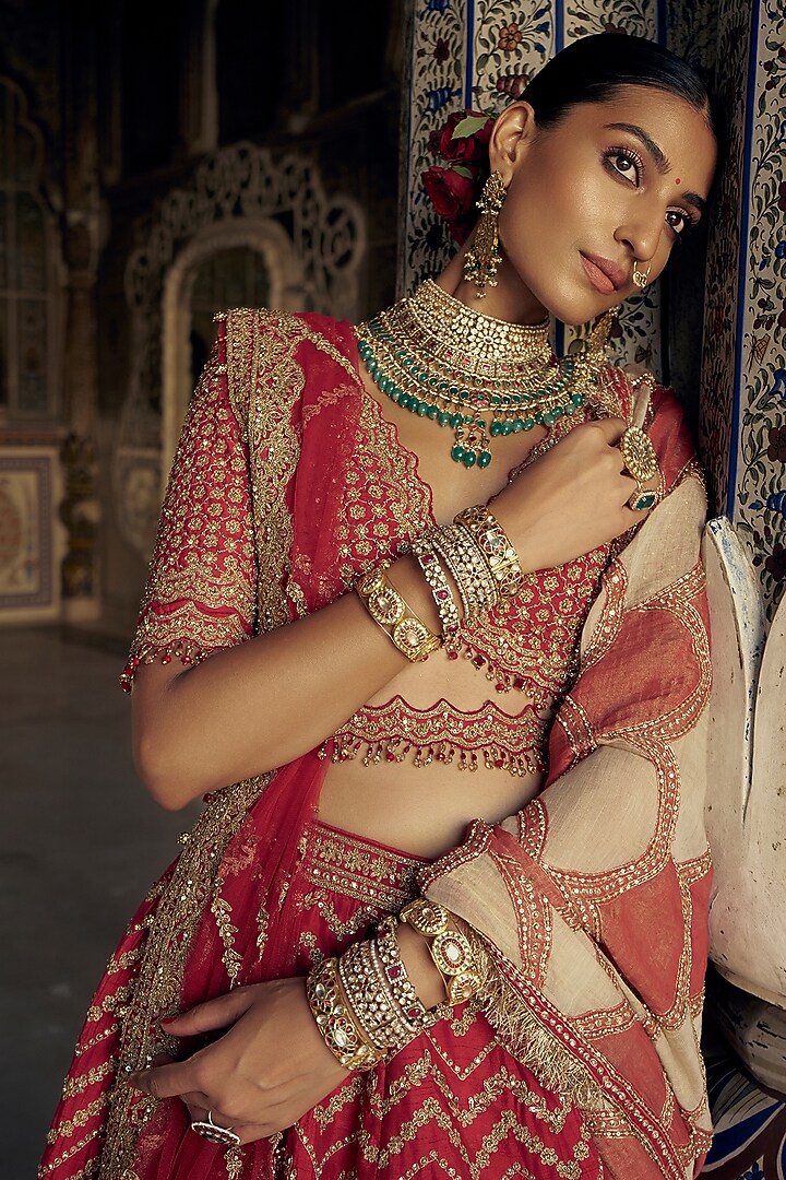 Red Raw Silk Dabka & Sequins Embroidered Bridal Lehenga Set by NITIKA GUJRAL at Pernia's Pop Up Shop