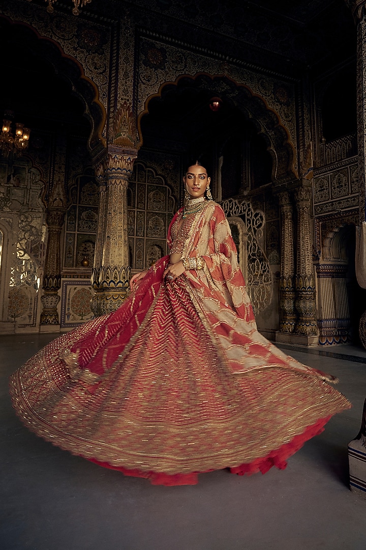 Red Raw Silk Dabka & Sequins Embroidered Bridal Lehenga Set by NITIKA GUJRAL at Pernia's Pop Up Shop