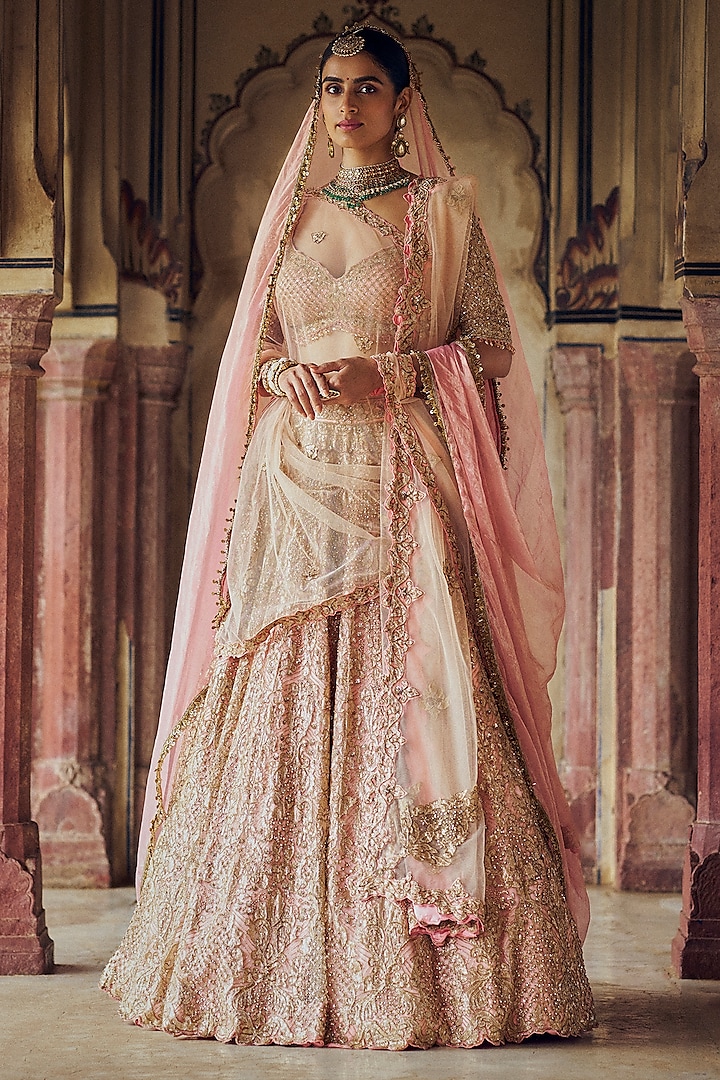 Peach Tulle Applique Work & Dabka Embroidered Lehenga Set by NITIKA GUJRAL