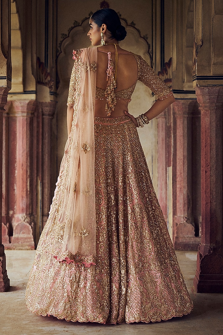 Peach Tulle Applique Work & Dabka Embroidered Bridal Lehenga Set by NITIKA GUJRAL at Pernia's Pop Up Shop