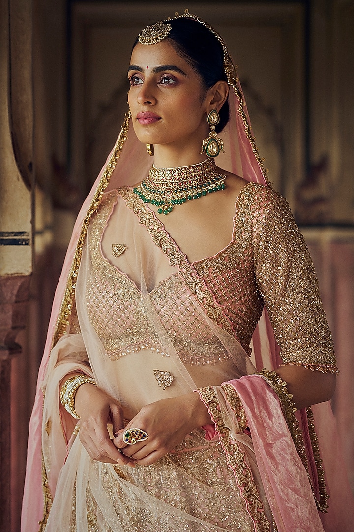 Peach Tulle Applique Work & Dabka Embroidered Bridal Lehenga Set by NITIKA GUJRAL at Pernia's Pop Up Shop