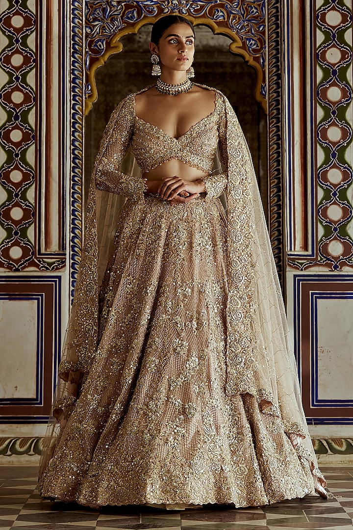 Champagne Gold Net Sequins & Dabka Embroidered Lehenga Set by NITIKA GUJRAL